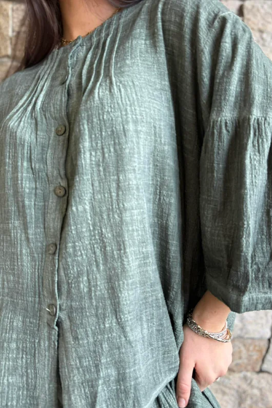 Loom & Thread Pin Tuck Blouse Washed Moss /40=
